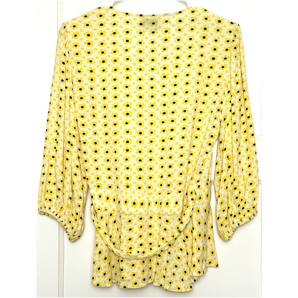 GANNI Daisy Print Crepe Puff Sleeve V-Neck Tie Waist Ruffle Peplum Wrap Top S - Picture 6 of 10